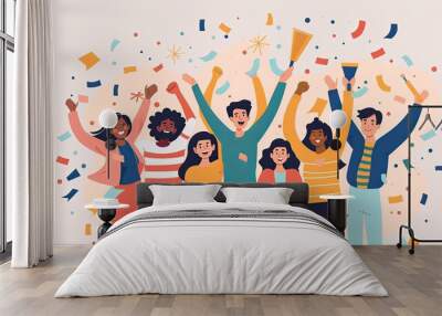 An animated illustration of a diverse group of people celebrating together, with confetti and festive elements representing joy and success. Diverse Group Celebrating Success with Confetti
 Wall mural