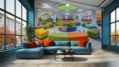 A creative learning environment featuring circular seating and colorful, modern d?(C)cor Wall mural