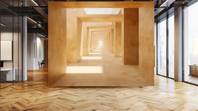 Distant view through a minimalist hallway with sandy beige walls and a series of small, square skylights. Wall mural