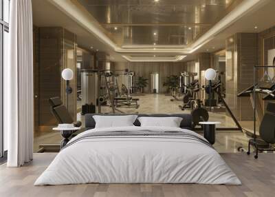 Sleek and stylish front view of a luxury wear house's modern gym with state-of-the-art fitness equipment. Wall mural