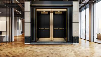 Sleek black luxury elevator doors with gold trim in an urban high-rise, full front view. Wall mural