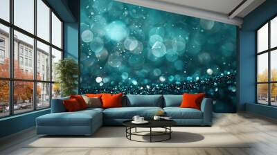 Teal glitter defocused twinkly lights, resembling a winter sparkle. Wall mural