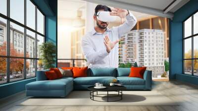 Architect, man and virtual reality architecture model, construction and building with future technology and UX. VR goggles, design and engineering, metaverse and simulation of property development Wall mural