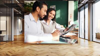 Collaboration portrait, documents and planning with a business team in office, working together on a report. Teamwork, paper or strategy with man and woman colleagues or employees on a work proposal Wall mural