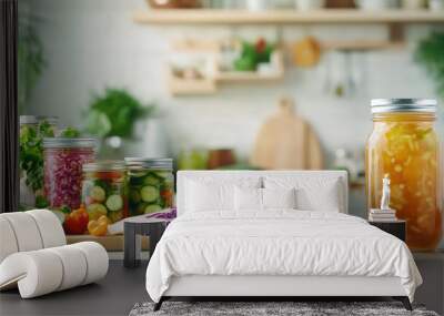 Colorful assortment of fresh vegetables and homemade pickles in jars on a kitchen countertop with green backgrounds Wall mural