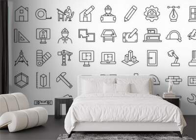 Set of 50 line icons related to architect, architecture, project plan, working drawings, interior design, Editable stroke. Vector illustration Wall mural