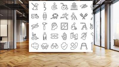 Set of 50 line icons related to disability, accessibility, blind, disabled, deaf, wheelchair, cripple, broken, assistive device, Editable stroke. Vector illustration Wall mural