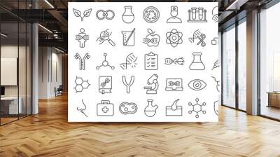 Set of 50 line icons related to genetic, dna, genome, gene, chromosomes, heredity, gender, experiments, swab, microscope, Editable stroke. Vector illustration Wall mural