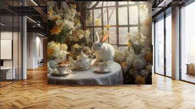 Easter Banner panoramic. Bunny rabbit sit on wooden table around Easter eggs, tea set and white tulips and daffodils blossom flowers branch over wooden window. Fairy tale and imagination Wall mural