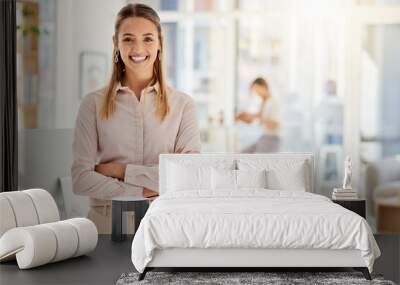 Happy, business leader and woman with a smile in success with crossed arms in a light office. Portrait of a professional and confident white female employee in leadership and management at a company Wall mural