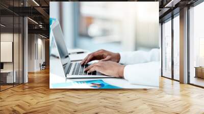 Laptop, doctor and hands typing an email with medical research from hospital survey data results or feedback. Digital, keyboard and healthcare worker networking online after writing a science report Wall mural