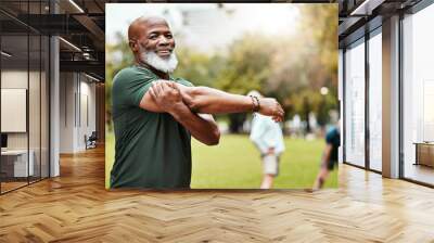 Portrait, stretching and active seniors at a park for training, exercise and cardio wellness. Fitness, arm stretch and friends with senior men relax before workout, happy and together for activity Wall mural