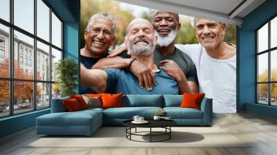 Senior, man group and fitness selfie at park together for elderly health or wellness for happiness smile. Happy retirement, friends portrait or runner club in diversity, teamwork or outdoor training Wall mural