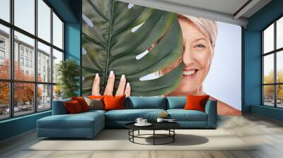 Skincare, portrait of mature woman and leaf, organic cosmetics for face on studio background. Health, beauty and retirement, happy lady in Australia. Dermatology, cosmetics and healthy hair and body. Wall mural