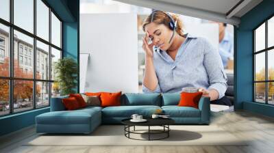 Woman, call center and headache or stress, frustrated and burnout or crisis, tired and fatigue for fail. Black female agent, migraine and exhausted at work, depression and anxiety or drinking coffee Wall mural