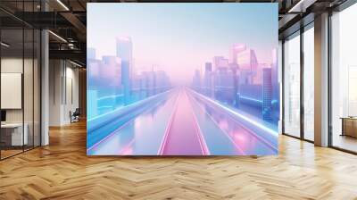 Futuristic pastel blue and pink city with a highway and skyscrapers, Futuristic aesthetic modern cityscape, Buildings and a road in the future, a 3d render of a smart city Wall mural