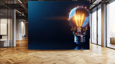 Glowing light bulb with integrated circuit board inside on a dark blue background, representing innovation and technological advancement. Ideal concept for creativity, ideas, innovation in technology, Wall mural