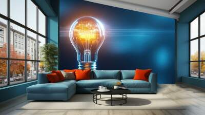 Glowing light bulb with integrated circuit board inside on a dark blue background, representing innovation and technological advancement. Ideal concept for creativity, ideas, innovation in technology, Wall mural