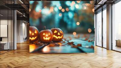 Halloween pumpkins with glowing lights and candles on the table against a blurred background of an autumn garden at night, Wall mural