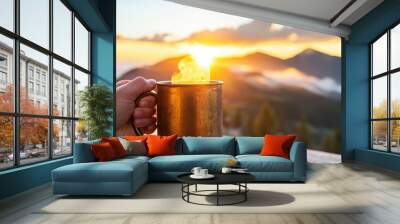 Hand holding a steaming metal mug against a breathtaking mountain landscape during a vibrant sunset Wall mural