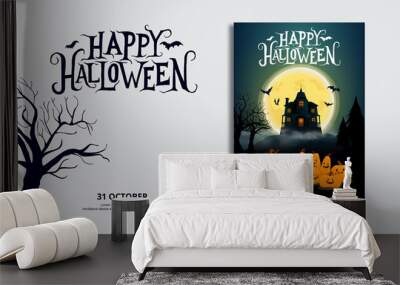 Happy halloween flyer with pumpkin and bats Wall mural