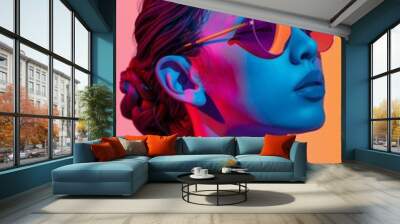 Ilustración de mujer joven blanca llena de color y alegría. Chica con gafas, modelo, atractiva, sensual, lleno de energía. Imagen energica. Wall mural