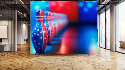 A row of bowling pins painted with the stars and stripes of the American flag, on a bright blue and red gradient background, symbolizing national pride. Wall mural