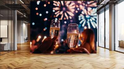 Champagne toast and fireworks in festive celebration. Wall mural