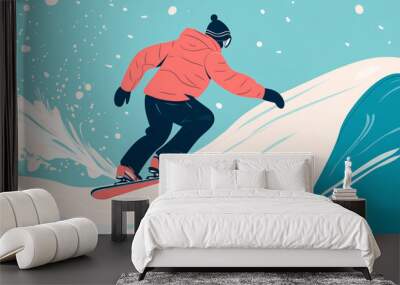 Illustration of a snowboarder in a red jacket advancing down a snowy slope. Wall mural