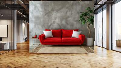 Modern living room with red sofa and concrete wall Wall mural