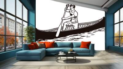 Kneeling man propelling an open canoe with a paddle, after an antique illustration Wall mural