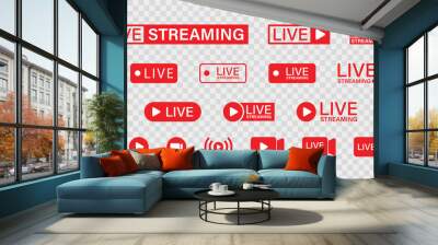 Live streaming set red icons. Play button icon vector Wall mural