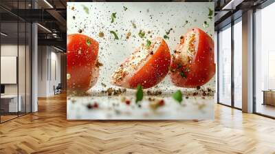 Lying food composition with fresh tomatoes and spices on a white background, showcasing a vogue style in hyper-realistic detail. Wall mural