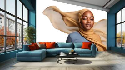 Portrait of beautiful black skin woman wearing hijab over white png background. Waving head scarf, femininity, concept of goods for muslim islamic women. Copy space for text and design. Wall mural