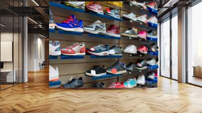 Big collection of different sport shoes. Wall mural