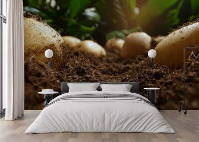 Dug up organic potatoes lie on the field. Wall mural