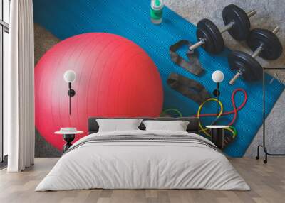 Dumbbells, fitball and resistance bands at home. Wall mural