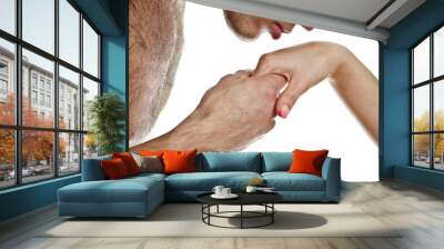 Man kissing woman's hand. Isolated on white. Wall mural