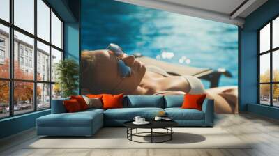 Pretty lady in sunglasses sunbathes near the pool in the summer. Wall mural