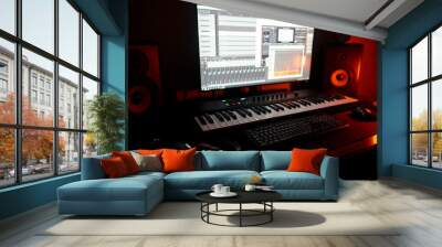 Recording studio with professional monitors and midi keyboard. Wall mural