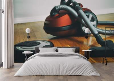 Robotic vacuum cleaner vs Vacuum cleaner. Wall mural