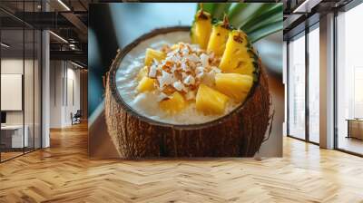 Refreshing tropical coconut bowl filled with fresh pineapple chunks, coconut shavings, and creamy mixture on a wooden table Wall mural