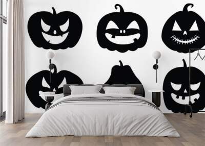 Set of Black fill Smiling cartoon lantern faces. Cute Halloween Pumpkin icons. Halloween pumpkin day symbols. Halloween holiday characters in the shapes of pumpkin isolated on transparent background. Wall mural