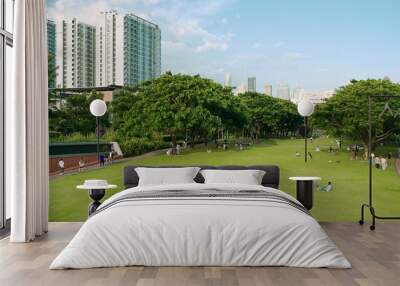 People relax on the green lawn in public green park with cityscape background Wall mural