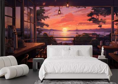 sunset at the a restaurant by the beach Lofi anime style Wall mural