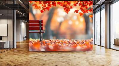 Vibrant autumn scene featuring a red park bench surrounded by fallen leaves and colorful maple trees in a serene setting Wall mural