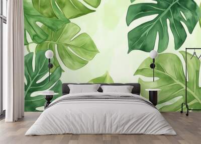 Vibrant watercolor monstera leaves interlaced into an organic, flowing pattern of lush green tones, creating a modern jungle background. Wall mural