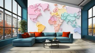 World map made of paper cutouts, white background, pastel colors, minimalist design, flat lay perspective. Wall mural