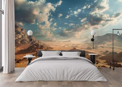 A rocky desert landscape with towering sand dunes and a dramatic sky filled with clouds. 8k, full ultra HD, high resolution, cinematic photography Wall mural