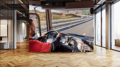 Truck driver driving on the highway, seen from inside the cab. Wall mural